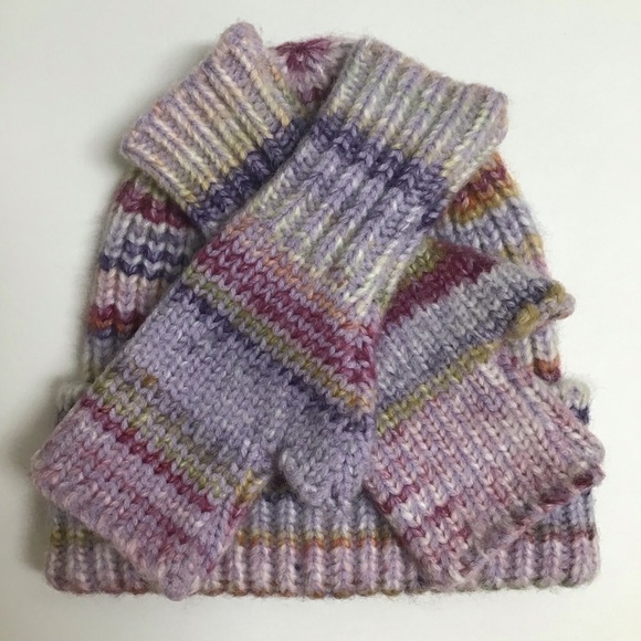Pastel Knit Hat Gloves SET Ski Cap Beanie & Matching Fingerless Mittens Texting - Picture 4 of 11